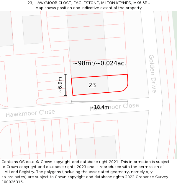 23, HAWKMOOR CLOSE, EAGLESTONE, MILTON KEYNES, MK6 5BU: Plot and title map