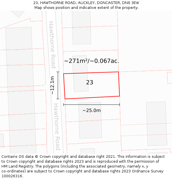 23, HAWTHORNE ROAD, AUCKLEY, DONCASTER, DN9 3EW: Plot and title map