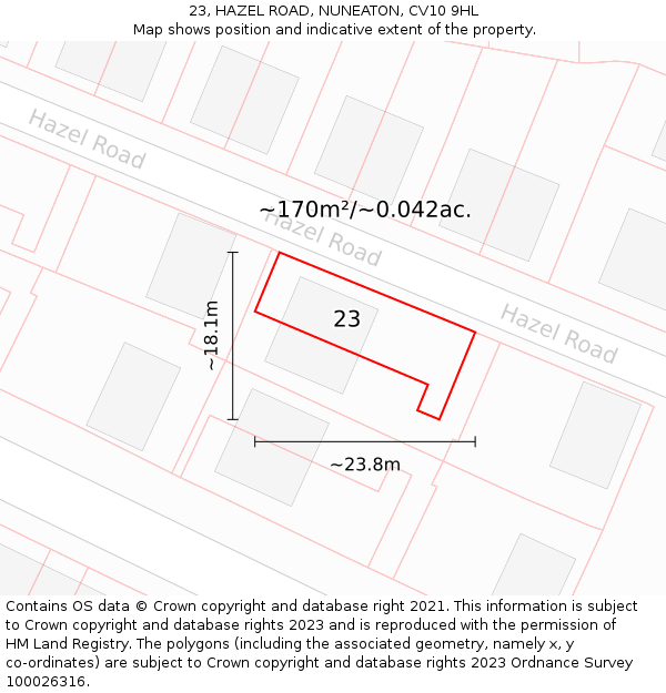 23, HAZEL ROAD, NUNEATON, CV10 9HL: Plot and title map