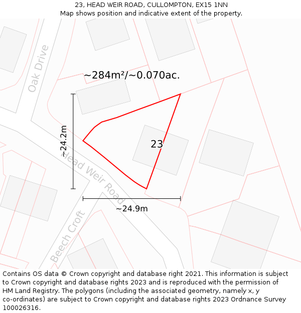 23, HEAD WEIR ROAD, CULLOMPTON, EX15 1NN: Plot and title map