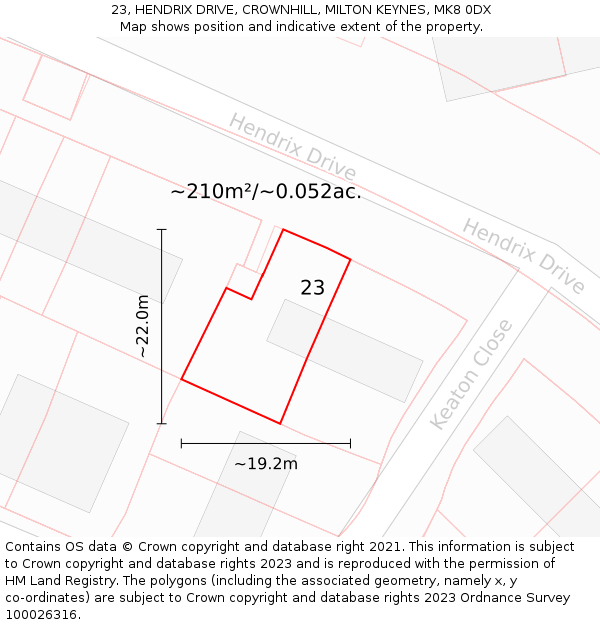 23, HENDRIX DRIVE, CROWNHILL, MILTON KEYNES, MK8 0DX: Plot and title map