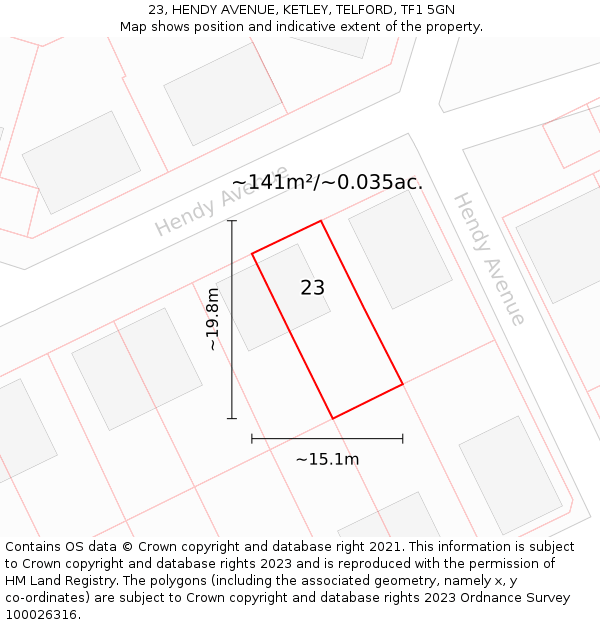 23, HENDY AVENUE, KETLEY, TELFORD, TF1 5GN: Plot and title map