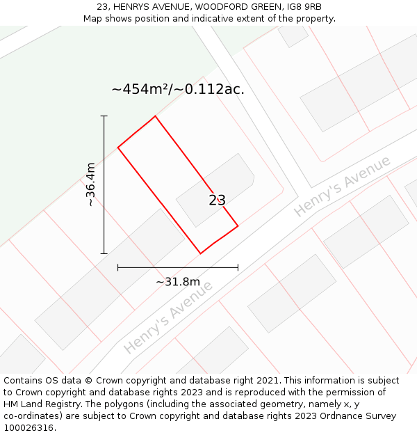 23, HENRYS AVENUE, WOODFORD GREEN, IG8 9RB: Plot and title map