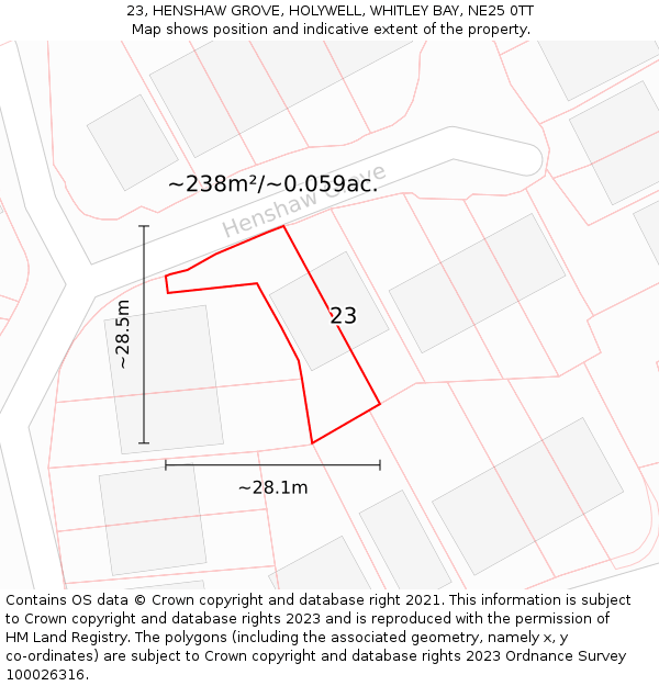 23, HENSHAW GROVE, HOLYWELL, WHITLEY BAY, NE25 0TT: Plot and title map