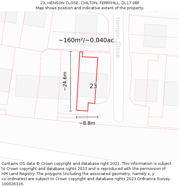 23, HENSON CLOSE, CHILTON, FERRYHILL, DL17 0BF: Plot and title map