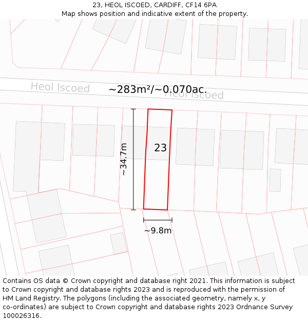 23, HEOL ISCOED, CARDIFF, CF14 6PA: Plot and title map