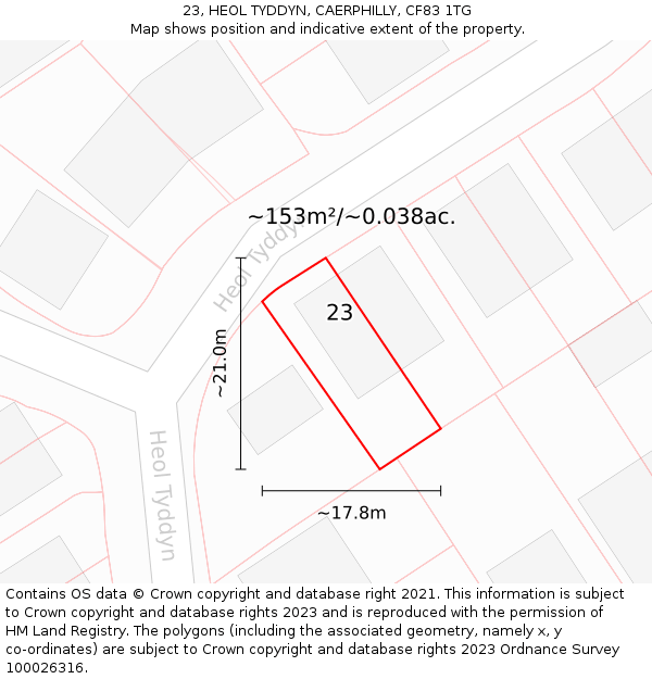 23, HEOL TYDDYN, CAERPHILLY, CF83 1TG: Plot and title map