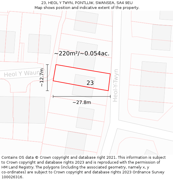 23, HEOL Y TWYN, PONTLLIW, SWANSEA, SA4 9EU: Plot and title map