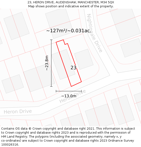 23, HERON DRIVE, AUDENSHAW, MANCHESTER, M34 5QX: Plot and title map
