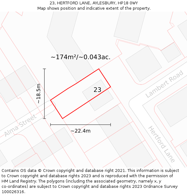 23, HERTFORD LANE, AYLESBURY, HP18 0WY: Plot and title map