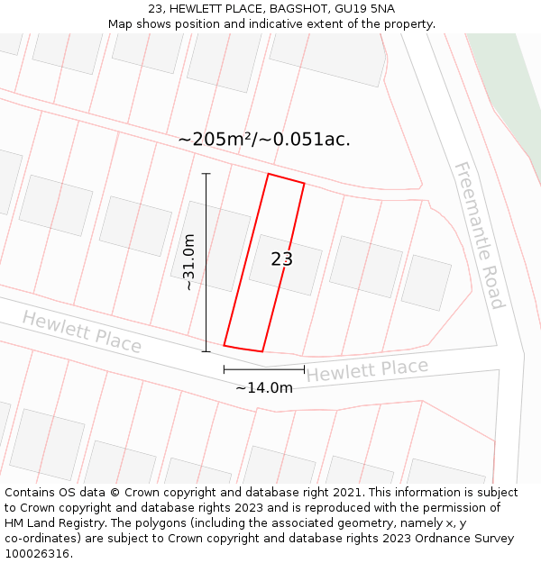 23, HEWLETT PLACE, BAGSHOT, GU19 5NA: Plot and title map