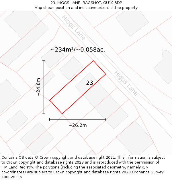 23, HIGGS LANE, BAGSHOT, GU19 5DP: Plot and title map