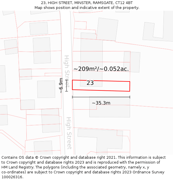 23, HIGH STREET, MINSTER, RAMSGATE, CT12 4BT: Plot and title map