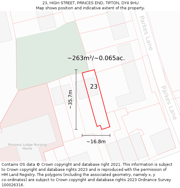 23, HIGH STREET, PRINCES END, TIPTON, DY4 9HU: Plot and title map