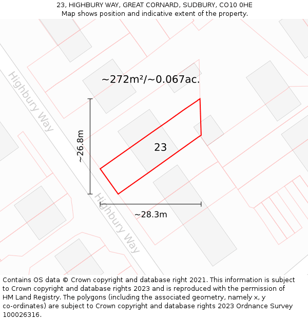 23, HIGHBURY WAY, GREAT CORNARD, SUDBURY, CO10 0HE: Plot and title map