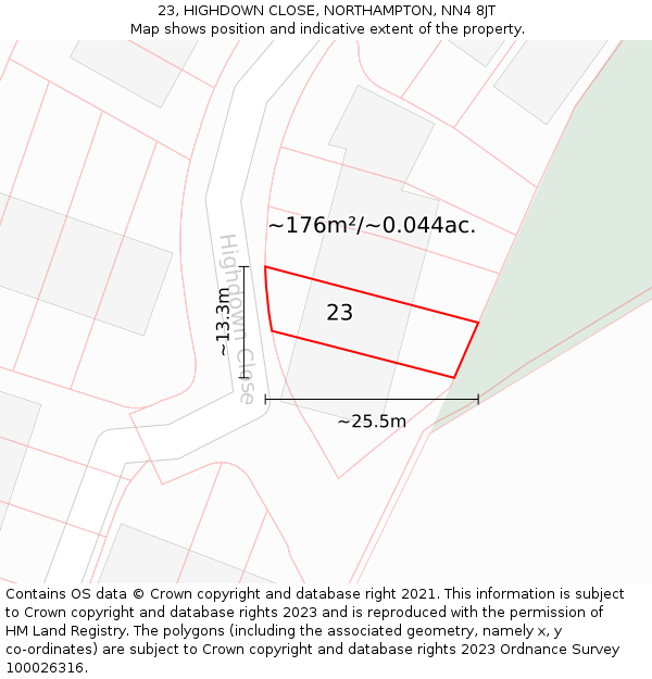 23, HIGHDOWN CLOSE, NORTHAMPTON, NN4 8JT: Plot and title map