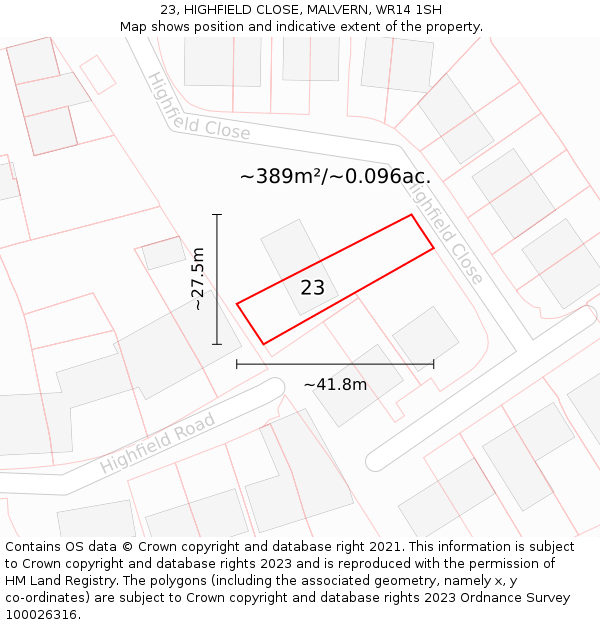 23, HIGHFIELD CLOSE, MALVERN, WR14 1SH: Plot and title map