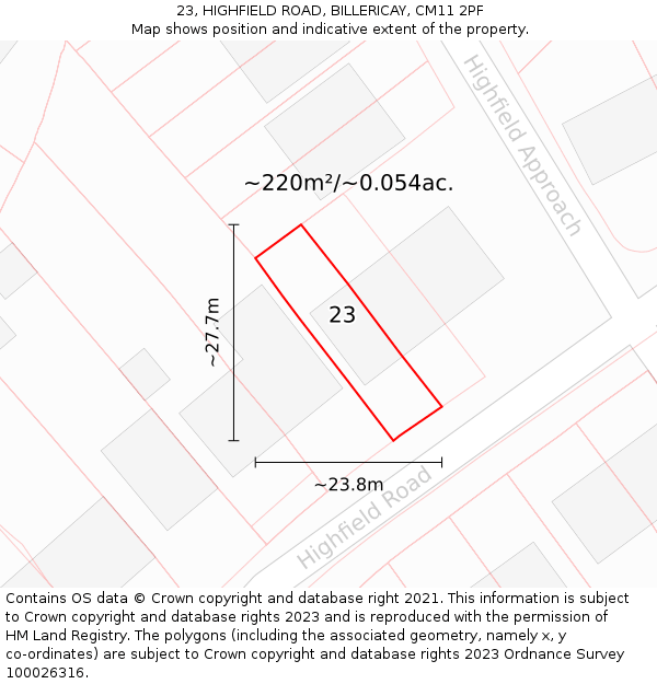 23, HIGHFIELD ROAD, BILLERICAY, CM11 2PF: Plot and title map