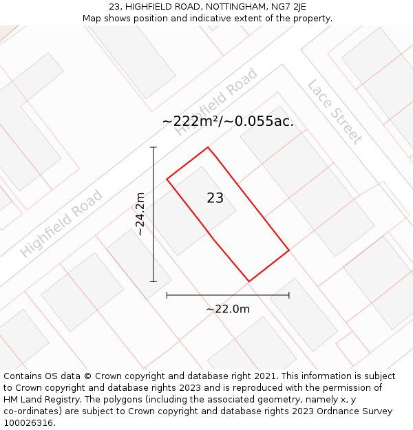 23, HIGHFIELD ROAD, NOTTINGHAM, NG7 2JE: Plot and title map