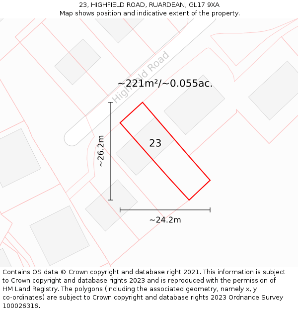 23, HIGHFIELD ROAD, RUARDEAN, GL17 9XA: Plot and title map