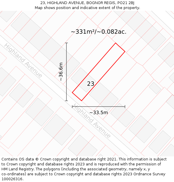 23, HIGHLAND AVENUE, BOGNOR REGIS, PO21 2BJ: Plot and title map