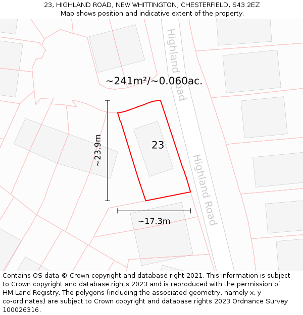 23, HIGHLAND ROAD, NEW WHITTINGTON, CHESTERFIELD, S43 2EZ: Plot and title map