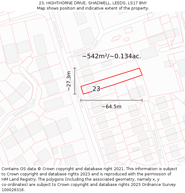 23, HIGHTHORNE DRIVE, SHADWELL, LEEDS, LS17 8NY: Plot and title map