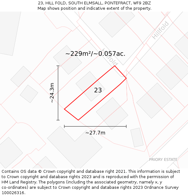 23, HILL FOLD, SOUTH ELMSALL, PONTEFRACT, WF9 2BZ: Plot and title map