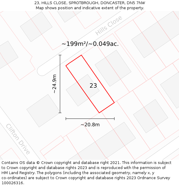23, HILLS CLOSE, SPROTBROUGH, DONCASTER, DN5 7NW: Plot and title map