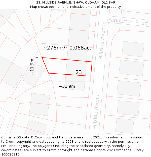 23, HILLSIDE AVENUE, SHAW, OLDHAM, OL2 8HR: Plot and title map