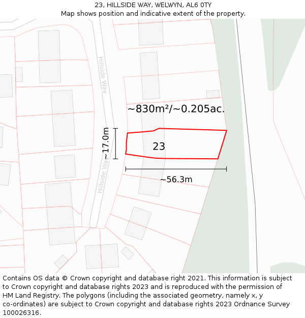 23, HILLSIDE WAY, WELWYN, AL6 0TY: Plot and title map