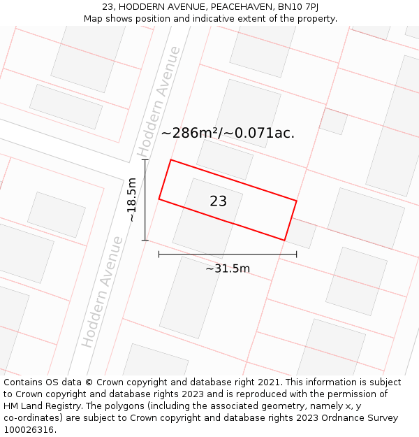 23, HODDERN AVENUE, PEACEHAVEN, BN10 7PJ: Plot and title map