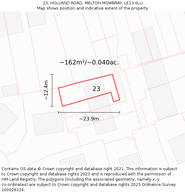 23, HOLLAND ROAD, MELTON MOWBRAY, LE13 0LU: Plot and title map