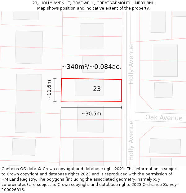 23, HOLLY AVENUE, BRADWELL, GREAT YARMOUTH, NR31 8NL: Plot and title map