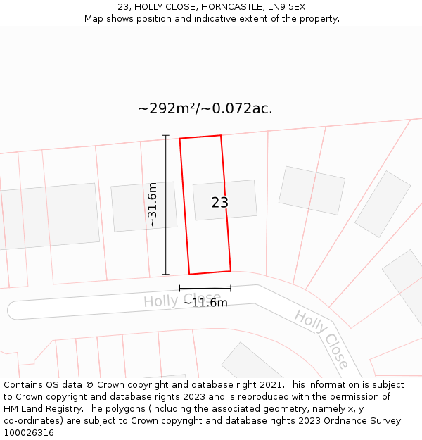 23, HOLLY CLOSE, HORNCASTLE, LN9 5EX: Plot and title map