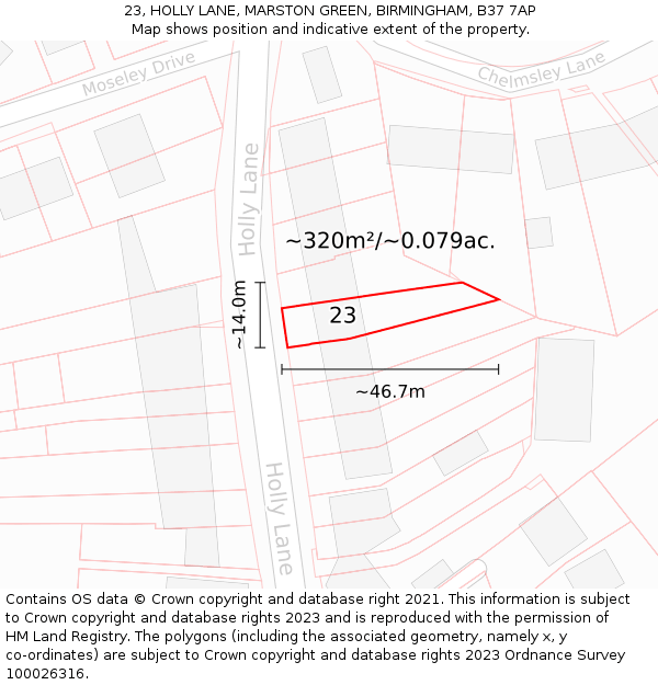 23, HOLLY LANE, MARSTON GREEN, BIRMINGHAM, B37 7AP: Plot and title map