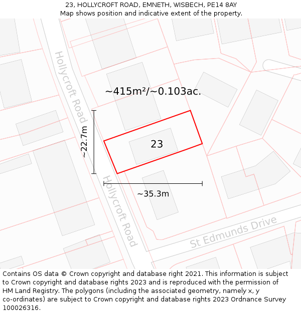 23, HOLLYCROFT ROAD, EMNETH, WISBECH, PE14 8AY: Plot and title map