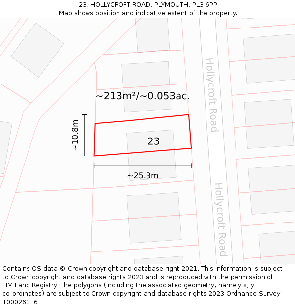 23, HOLLYCROFT ROAD, PLYMOUTH, PL3 6PP: Plot and title map