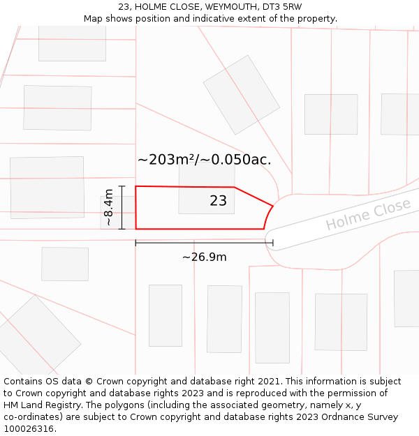 23, HOLME CLOSE, WEYMOUTH, DT3 5RW: Plot and title map