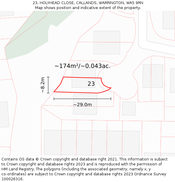 23, HOLYHEAD CLOSE, CALLANDS, WARRINGTON, WA5 9RN: Plot and title map