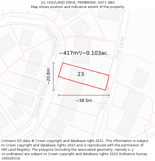 23, HOLYLAND DRIVE, PEMBROKE, SA71 4BG: Plot and title map