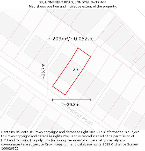 23, HOMEFIELD ROAD, LONDON, SW19 4QF: Plot and title map