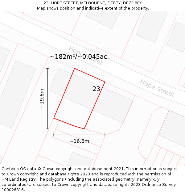 23, HOPE STREET, MELBOURNE, DERBY, DE73 8FX: Plot and title map