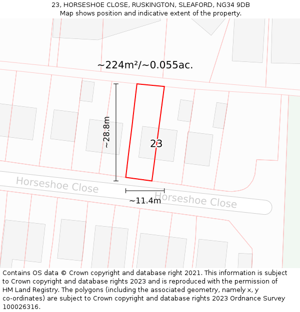 23, HORSESHOE CLOSE, RUSKINGTON, SLEAFORD, NG34 9DB: Plot and title map