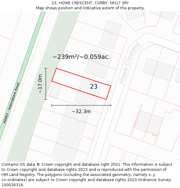 23, HOWE CRESCENT, CORBY, NN17 2RY: Plot and title map