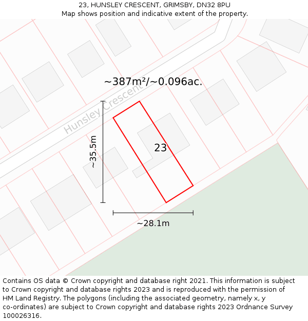 23, HUNSLEY CRESCENT, GRIMSBY, DN32 8PU: Plot and title map