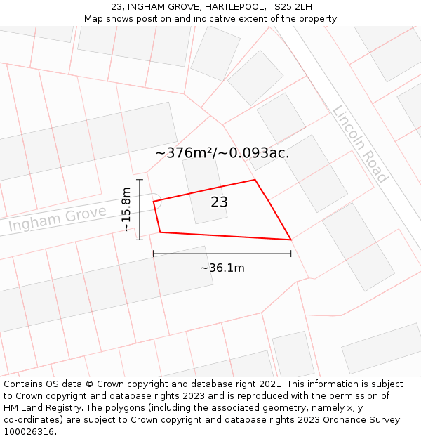 23, INGHAM GROVE, HARTLEPOOL, TS25 2LH: Plot and title map