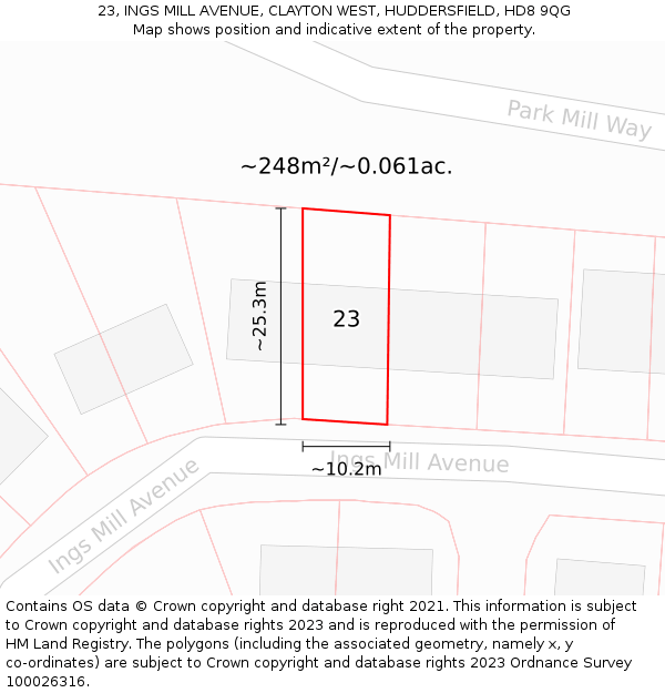 23, INGS MILL AVENUE, CLAYTON WEST, HUDDERSFIELD, HD8 9QG: Plot and title map