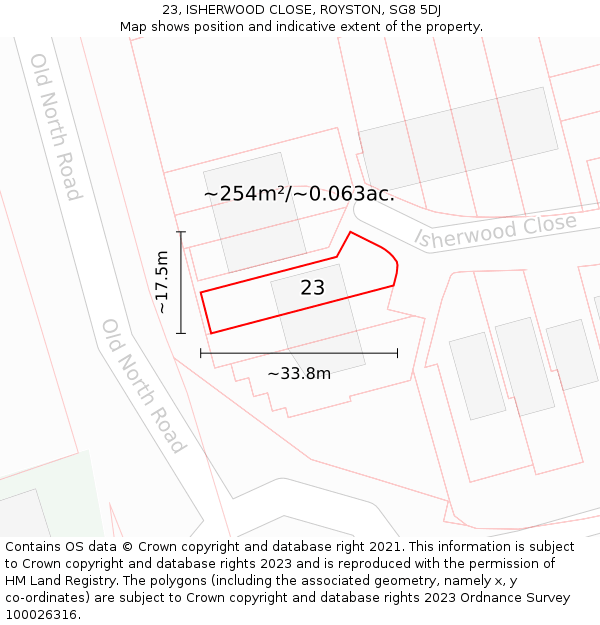 23, ISHERWOOD CLOSE, ROYSTON, SG8 5DJ: Plot and title map