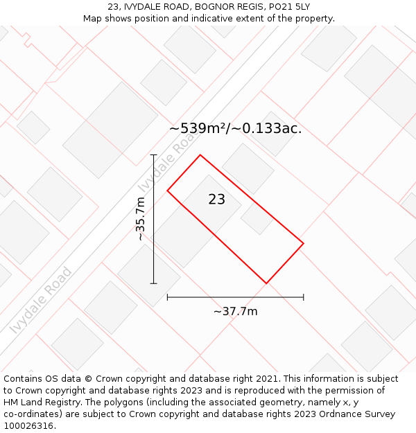 23, IVYDALE ROAD, BOGNOR REGIS, PO21 5LY: Plot and title map